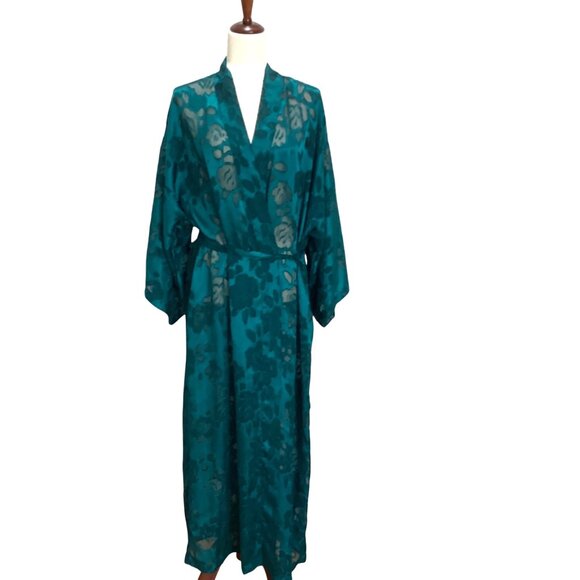 Vintage Victoria's Secret Gold Label Teal Floral Velvet Burnout Kimono Robe M/L - Picture 1 of 15